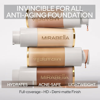 Diverse shades of Mirabella Invincible For All Anti Aging HD Foundation stacked up with marketing benefit callouts, like hydrating & acne safe.