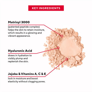 Swatch of Pure Press Powder by Mirabella, showcasing its finely milled powder texture, highlighting key ingredients and benefits.