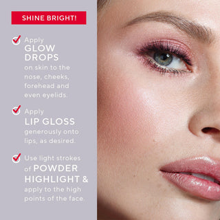 Mirabella Illuminizing Makeup Set applied to the model's face, highlighting radiant luminous skin & tips on how to shine bright with all 3 products.