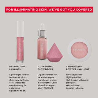 Illuminizing set by Mirabella tube, bottle, sponge & closed compact, includes glow options for radiant skin, & benefits of each product.