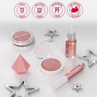 Mirabella Illuminizing Set: Highlighter compact, glow drops, sponge, and gloss with sleek design for a radiant, luminous finish and glowing highlight.