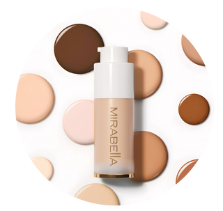 Diverse swatches & sleek tube of Mirabella Invincible for All Anti-Aging Foundation: full-coverage, age-defying formula for all skin types.