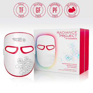 LED Facial Mask by Mirabella packaging and front of mask view, sleek design & highlighting Mirabella core values.