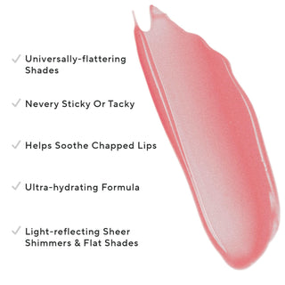 A Mirabella Luxe Advanced Formula Lip Gloss pink swatch is shown up close on white alongside key callouts, including its ultra-hydrating formula.