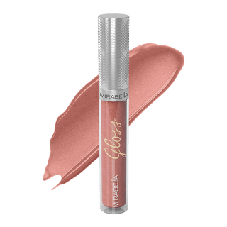 Mirabella Luxe Advanced Formula Lip Gloss in shade Lavish with glossy swatch behind the ornate lip gloss tube on a transparent background.