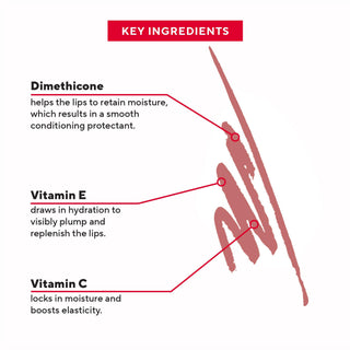 Mirabella Lip Definer swatch on white background, with key ingredients like Vitamin C & E noted, enhancing hydration and pigment longevity