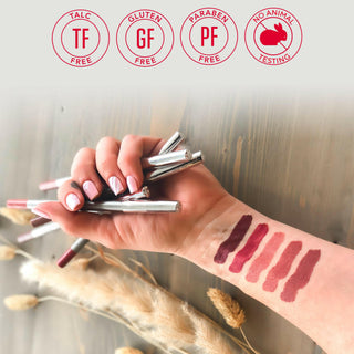 Mirabella core values shown above an arm with swatches of the brand's lip liner in 5 vibrant shades available for purchase