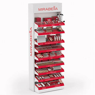 Fully stocked Mirabella Mini Open Sell Display, featuring an array of clean beauty products ready for salon resale and customer loyalty