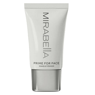 Close-up of Prime for Face makeup primer by Mirabella, shown in a sleek white bottle with silver screw top on a white background. 