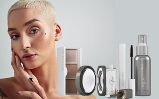 Banner with model alongside Mirabella must-have makeup products for glowing, natural makeup for summer on a gray background.