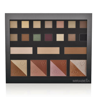 Close-up of Mirabella Essential Artists Palette, featuring high-pigment shades & a modern, travel-friendly design for eyes, face, & cheeks.