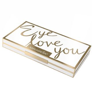 A closed Eye Love You Eyeshadow Palette by Mirabella Beauty on white, showcasinging the sleek compact design with gold edging and cursive logo on top.