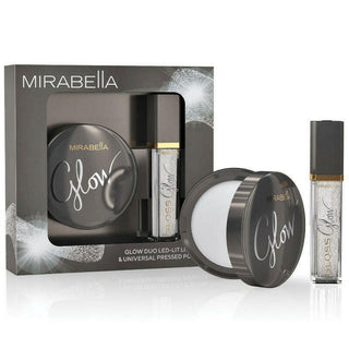 Mirabella Glow Duo Gift Set with Light Up Lip Gloss & LED-lit compact shown in a carton with both products out in front on a white background.