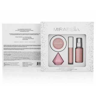 Front & back of Mirabella Beauty's Illuminating Makeup Set packaging with lip gloss, highlighter, glow drops & diamond blender sponge.