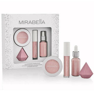 Mirabella Illuminizing makeup set on white background showing packaging next to the pink lip gloss, highlighter, diamond blender sponge & glow drops.