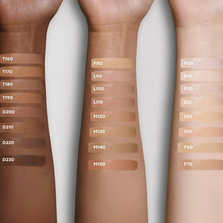 Mirabella Invincible For All Anti-Aging HD Foundations swatched on various skin tones, highlighting the 24 diverse shades available.