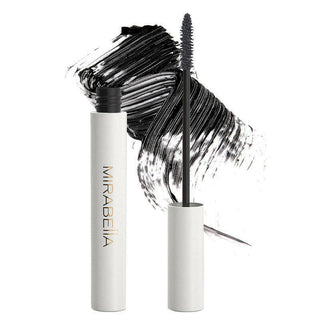 Mirabella Lasting Lash Mascara is opened with white tube, gold logo, & spoolie shown in front of its black swatch on a white background. 