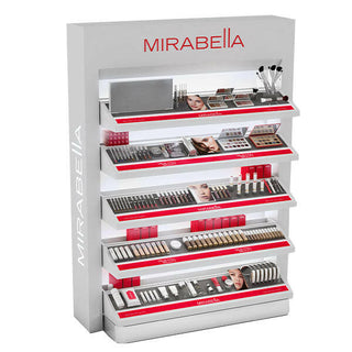 Mirabella Open Sell display on white background, showcasing various beauty products with a clean, professional presentation for salon retailers.