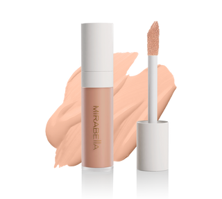 Mirabella Perfecting Liquid Concealer tube with doe-foot applicator and swatch in Light L90, showcasing sleek design & precise application.