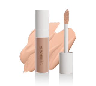 Mirabella Perfecting Liquid Concealer tube with doe-foot applicator and swatch in Light L100, showcasing sleek design & precise application.