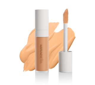 Mirabella Perfecting Liquid Concealer tube with doe-foot applicator and swatch in Med M130, showcasing sleek design & precise application.