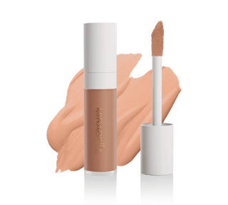 Mirabella Perfecting Liquid Concealer tube with doe-foot applicator and swatch in Tan T160, showcasing sleek design & precise application.