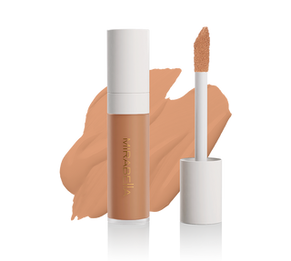 Mirabella Perfecting Liquid Concealer tube with doe-foot applicator and swatch in Tan T170, showcasing sleek design & precise application.