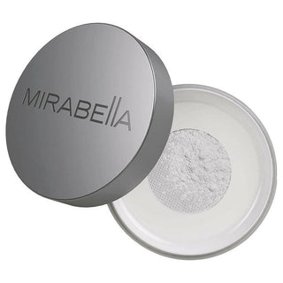 Open container of Mirabella Perfecting Powder revealing finely milled translucent powder for a perfect, matte complexion, and sleek design.