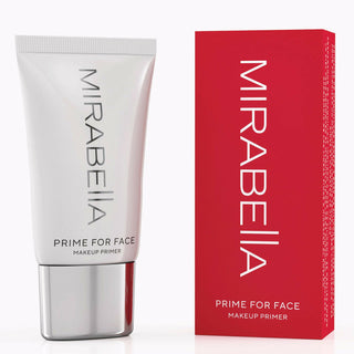 Prime for Face makeup primer by Mirabella, shown in a sleek white bottle with silver screw top next to signature red carton on a white background. 