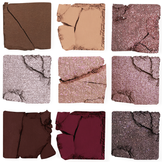 9 cracked square swatches of Mirabella's True To You Buff Eyeshadow palette showcasing the mix of matte & shimmer powders included.