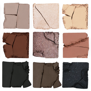 9 cracked square swatches of Mirabella's True To You Nude Eyeshadow palette showcasing the mix of matte & shimmer powders included.