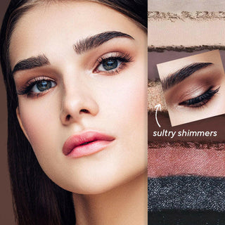 Model wearing True To You Nude Eyeshadow alongside the palette's eyeshadow swatches and a callout to "sultry shimmers"