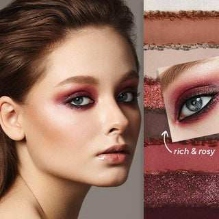 Model wearing True To You Buff Eyeshadow alongside the palette's eyeshadow swatches and a callout to "rich & rosy"