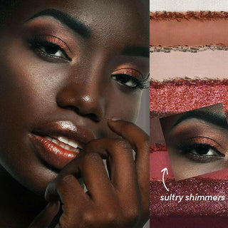 Model wearing True To You Buff Eyeshadow alongside the palette's eyeshadow swatches and a callout to "sultry shimmers"