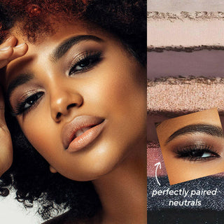 Model wearing True To You Nude Eyeshadow alongside the palette's eyeshadow swatches and a callout to "perfectly paired neutrals"