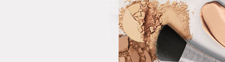 Mirabella Face Powder & Liquid Complexion: Web banner of mineral-pressed powder versatile shades & cream liquid swatches - makeup brush.