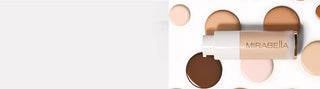 Web banner of diverse swatches and sleek tube of Mirabella Invincible For All Anti-Aging Foundation: Full-coverage & age-defying.