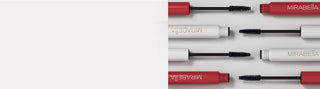 Mirabella web banner of Lasting Lash Waterproof & Lash Luxe Mascara open tubes sleek design, while showcasing bristle brushes.