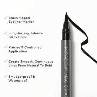 Mirabella Magic Marker liquid eyeliner pen up close on white, highlighting key features like smudge-proof & waterproof makeup