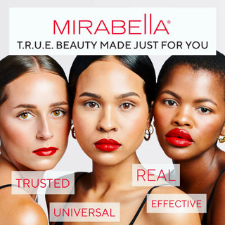 Mirabella Beauty makeup collection on diverse models, showcasing universally flattering shades of the brand's cosmetics suitable for every skin tone.