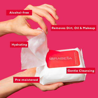 Opened pack of Mirabella Wipeout Wipes revealing individual sheets, emphasizing their soft texture for gentle, effective cleansing.