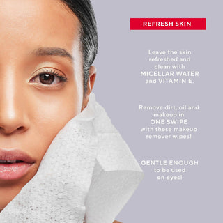 Model using Mirabella Wipeout Makeup Remover Wipes to clean her face, showcasing their gentle and effective makeup removal for refreshed skin.