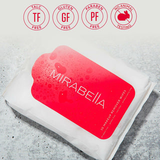 Package of Mirabella Wipeout Makeup Remover Wipes with a clean and elegant design, designed for gentle and effective removal of makeup. Ideal for skincare routines.