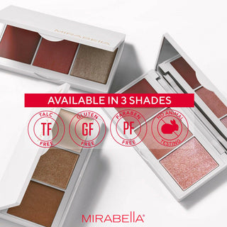 Open 3 Mirabella Pro Face Trios with mirror, showing blush, bronzer, contour, and highlighter. Talc-free, gluten-free, paraben-free, cruelty-free.