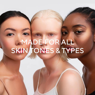 Group of diverse women showcasing versatile makeup looks with Mirabella Beauty products, image text stating made for all skin tones & types.