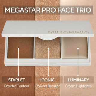 Open Mirabella Megastar Face Trio palette sitting atop swatches of Starlet powder contour, Iconic powder bronzer, & Luminary cream highlighter.