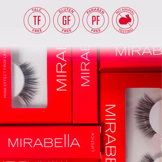 Close-up of 3 Mirabella's Mink Effect Faux Lash Set with Clear Adhesive Liner in signature red cartons & the brand's core value emblems floating.