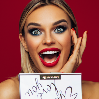 Model on red background showcasing Mirabella Eye Love You Eyeshadow Palette in hand, highlighting a bold, smoky eye look with expertly blended shades.