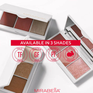 Pro Face Trios by Mirabella, available in three shades, displaying opened white compacts to show shade offerings while outlining brand values.