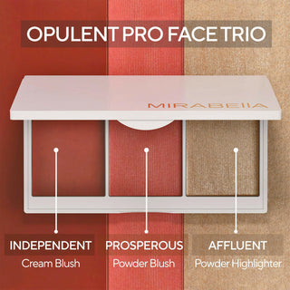 Mirabella Opulent Pro Face Trio image showing enlarged swatches of the shades & providing the names of each shade inside the opened compact.